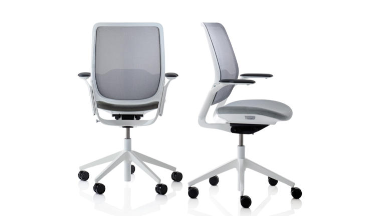 A pair of white and grey Eva task chairs